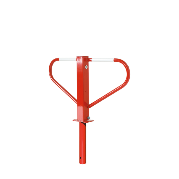 Car-park barrier foldable | with triangular lock | self-engaging lock | for casting in concretewith welded-on ground anchor,approx. 300 mm below ground | hot-dip galvanized and white coated withred reflecting stripes